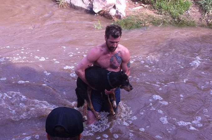 濁流に流された犬を救うため躊躇なく氾濫する川へ飛び込んだ男性